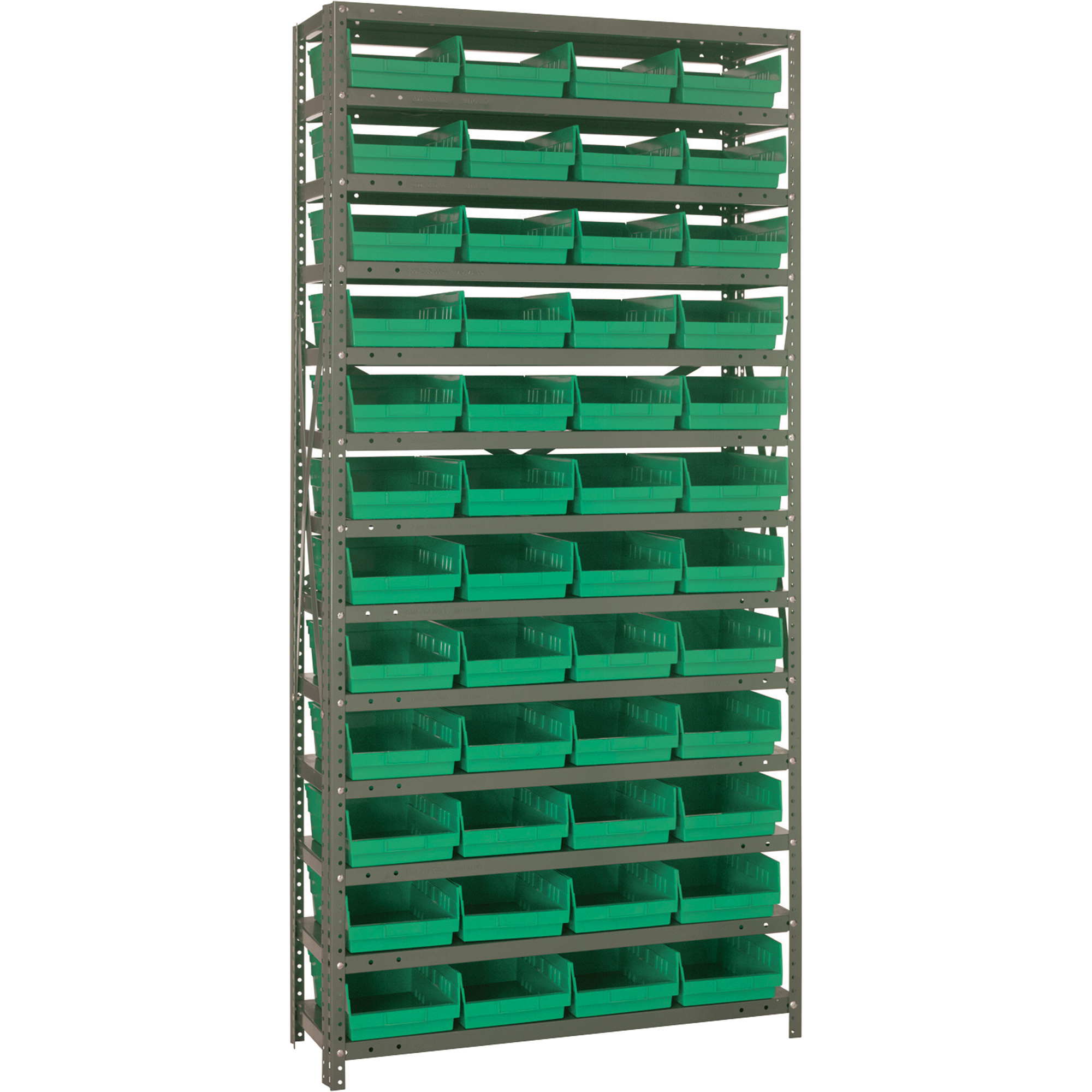 Quantum Storage Single Side Metal Shelving Unit With 48 Bins, 12in. x 36in. x 75in. Rack Size, Green, Model# 1275-107GN